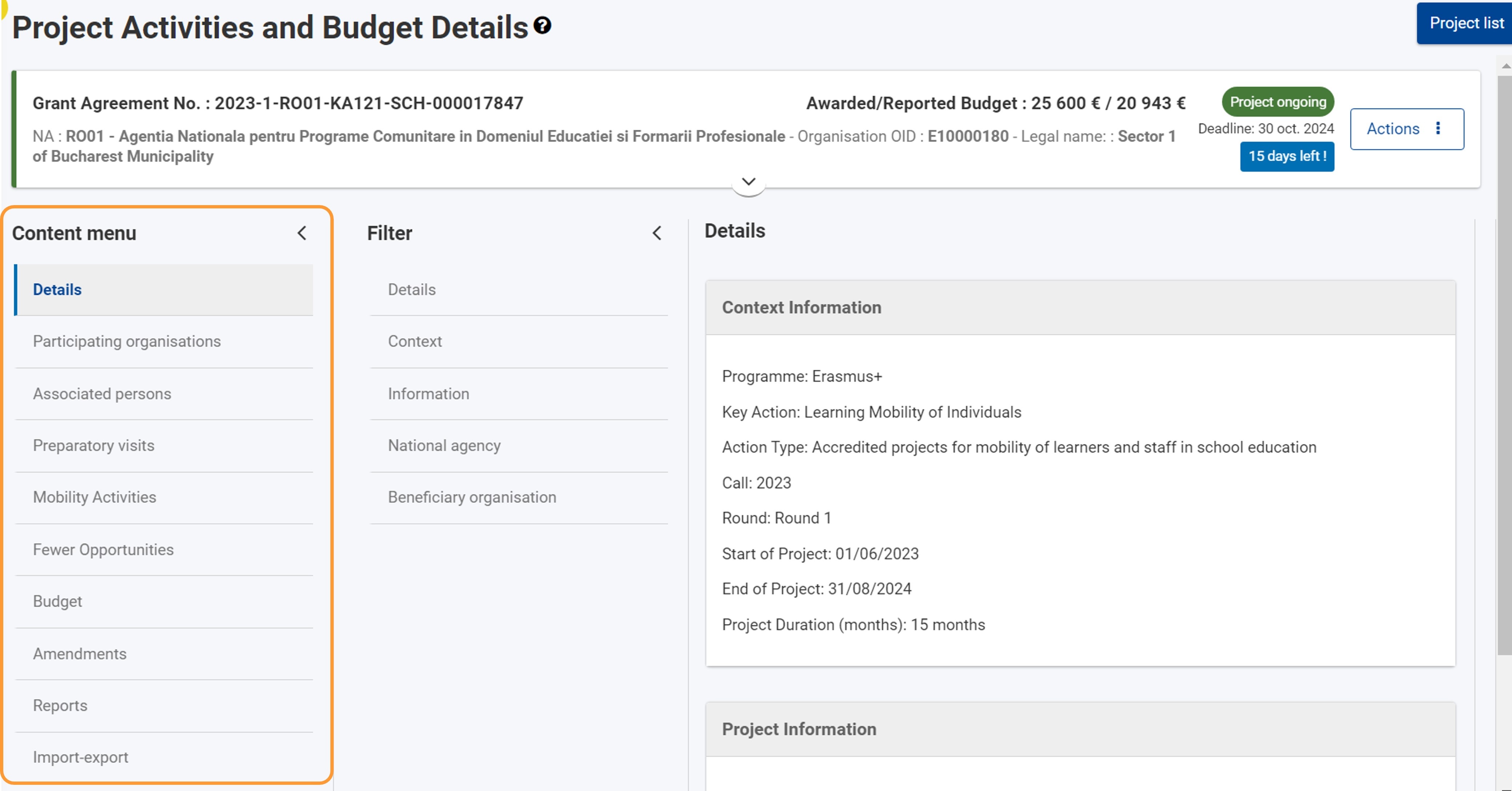 KA121-SCH, call 2021, project, Details selected in the Content menu KA121-SCH, call 2021, project, Details selected in the Content menu