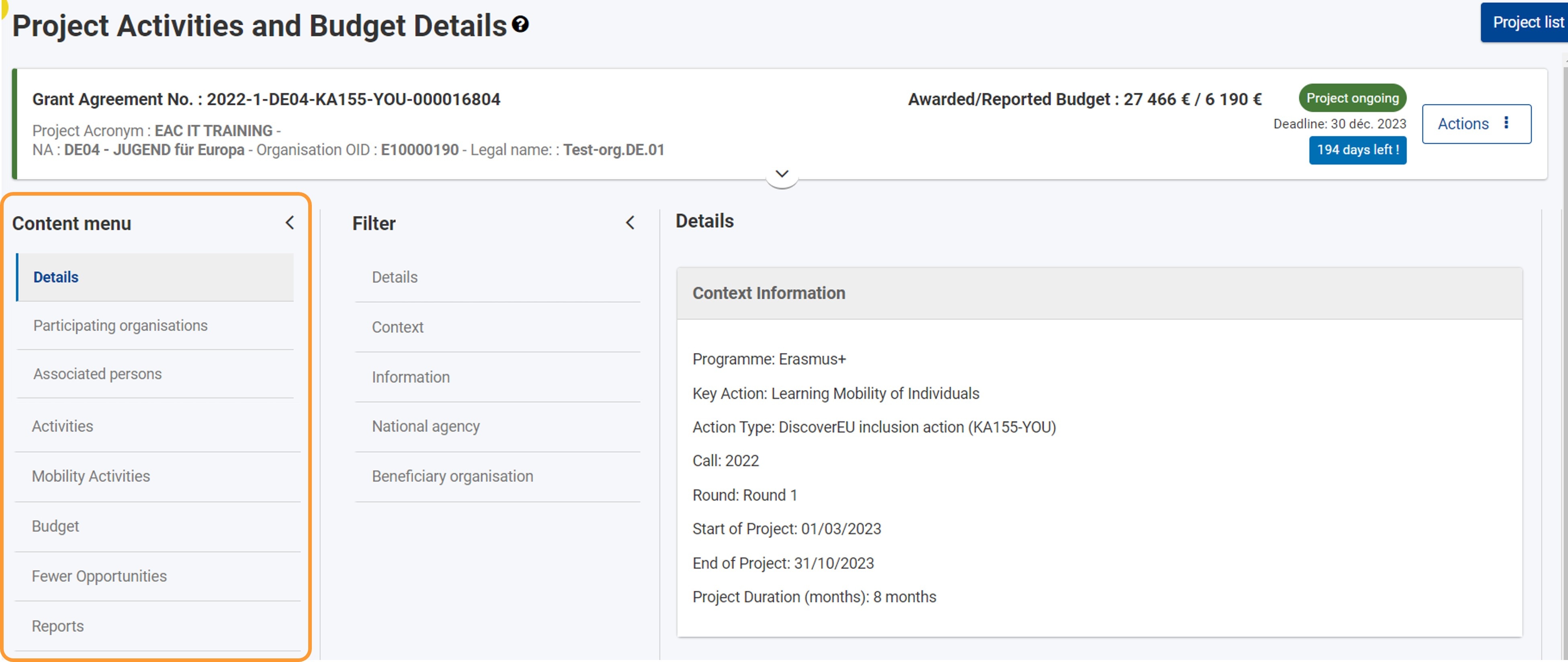 KA155, call 2022 project, Details selected in the Content menu KA155, call 2022 project, Details selected in the Content menu