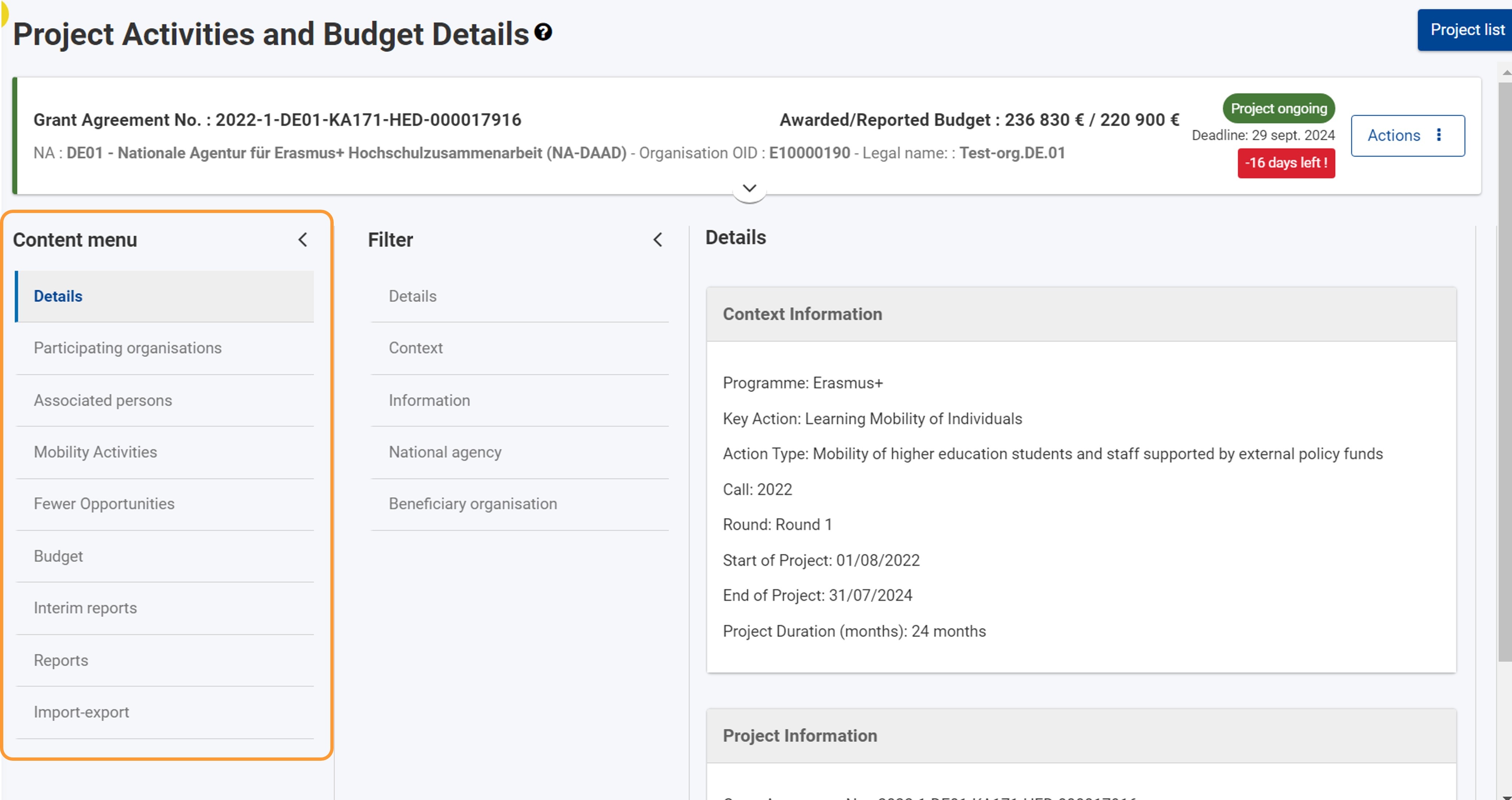 KA171, call 2022 project, Details selected in the Content menu KA171, call 2022 project, Details selected in the Content menu