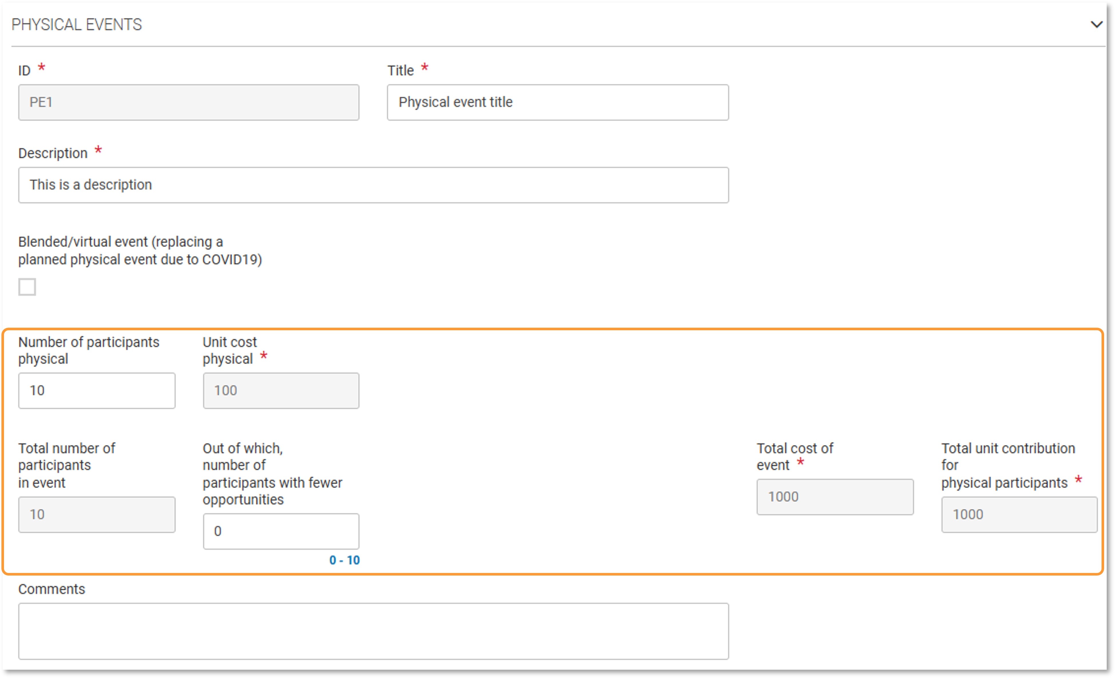 Physical events details screen in a KA154 project, calls 2021-2022
