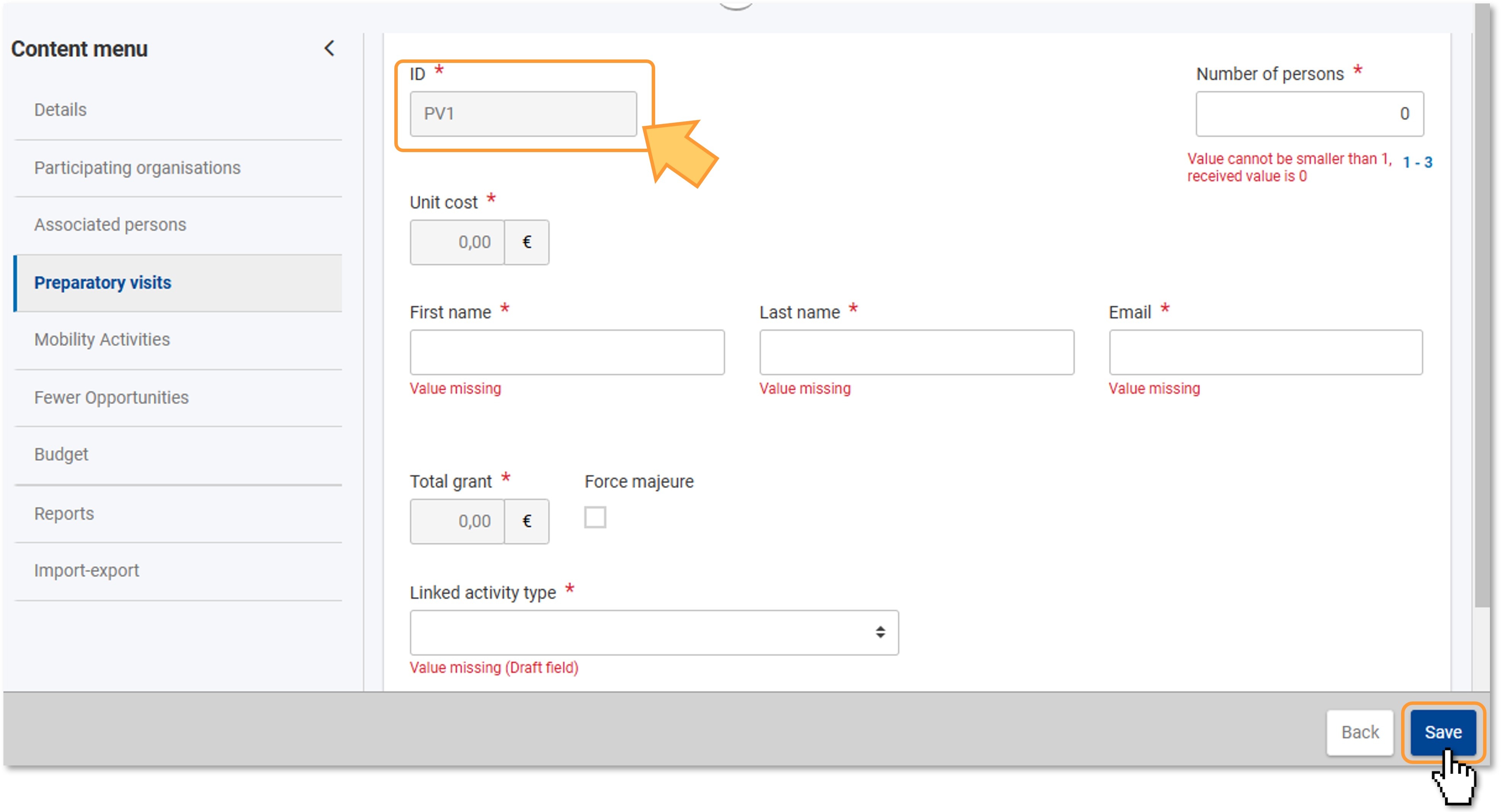 Create a draft preparatory visit