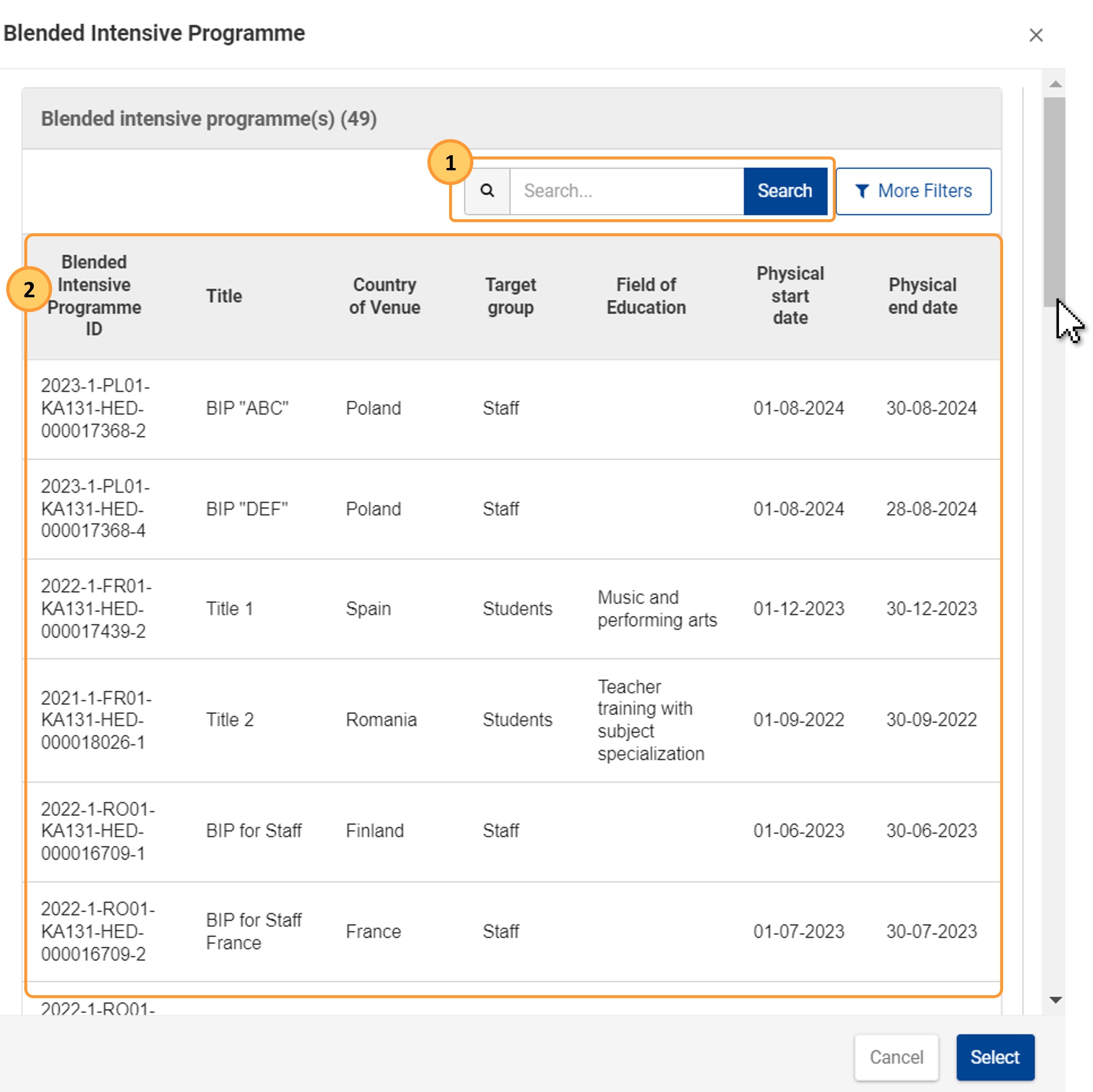 Available Blended Intensive Programmes are displayed in the pop up