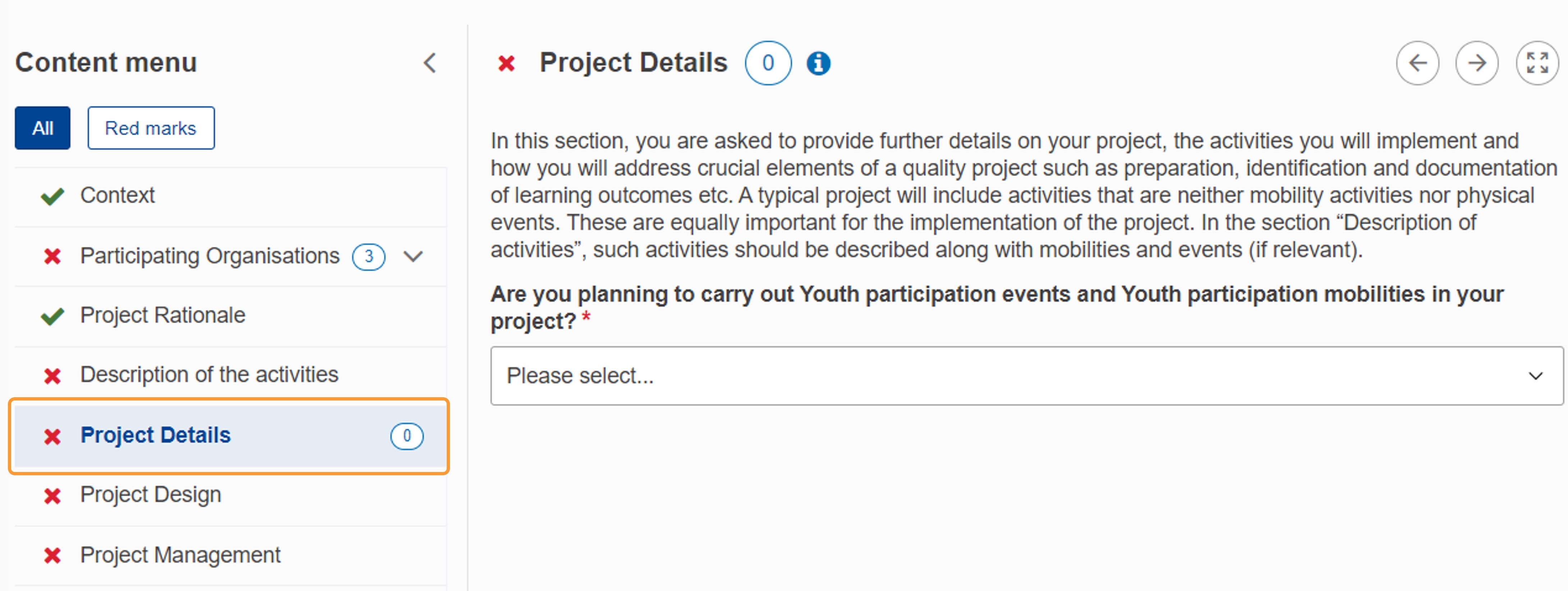 Click on Project Details from the Content menu