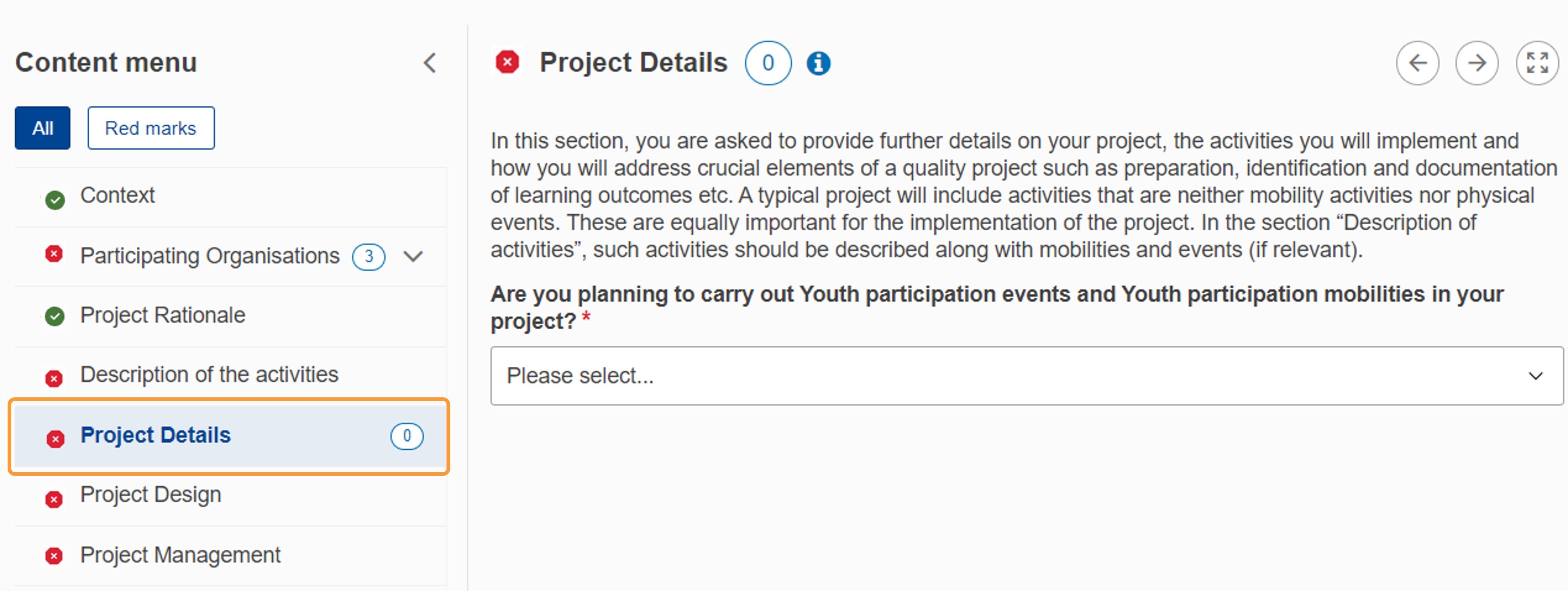 Click on Project Details from the Content menu