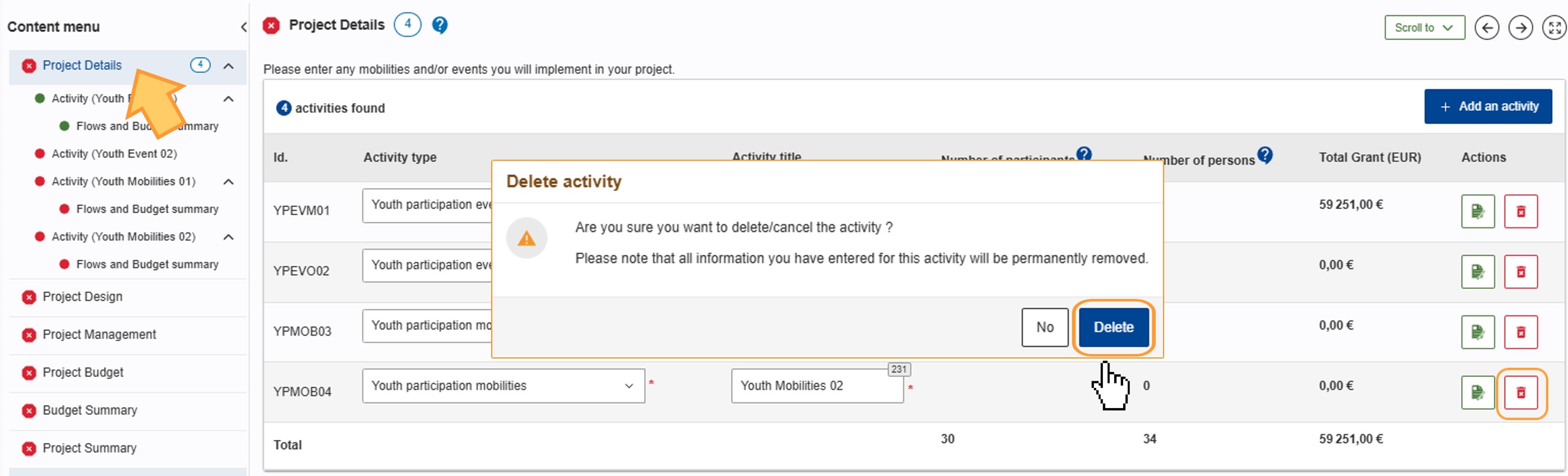 Delete an activity from the Project Details screen