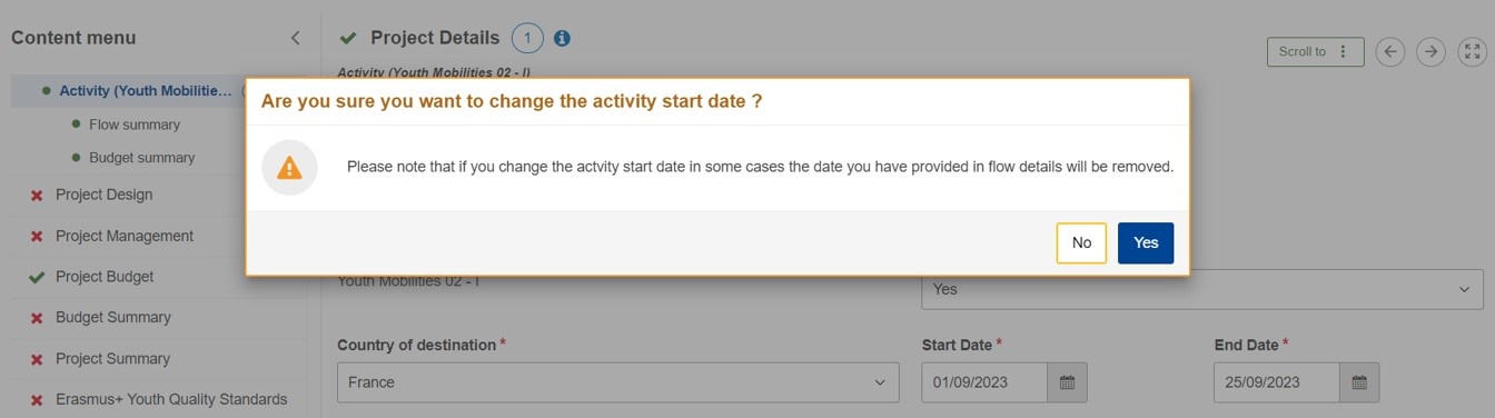 Update an activity - example of warning message