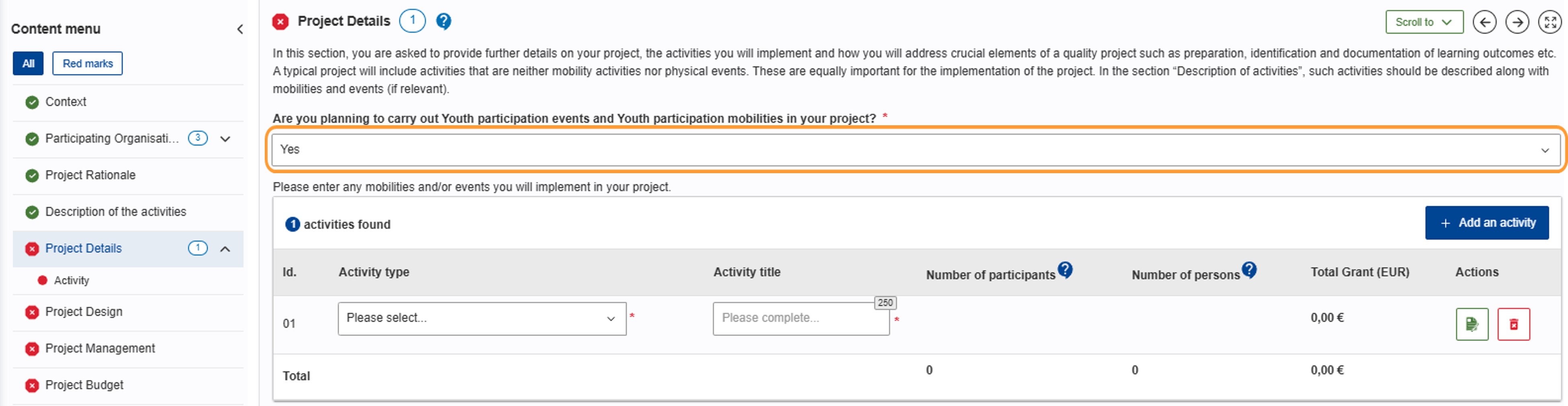 Project Details screen after selecting YES from the drop-down list