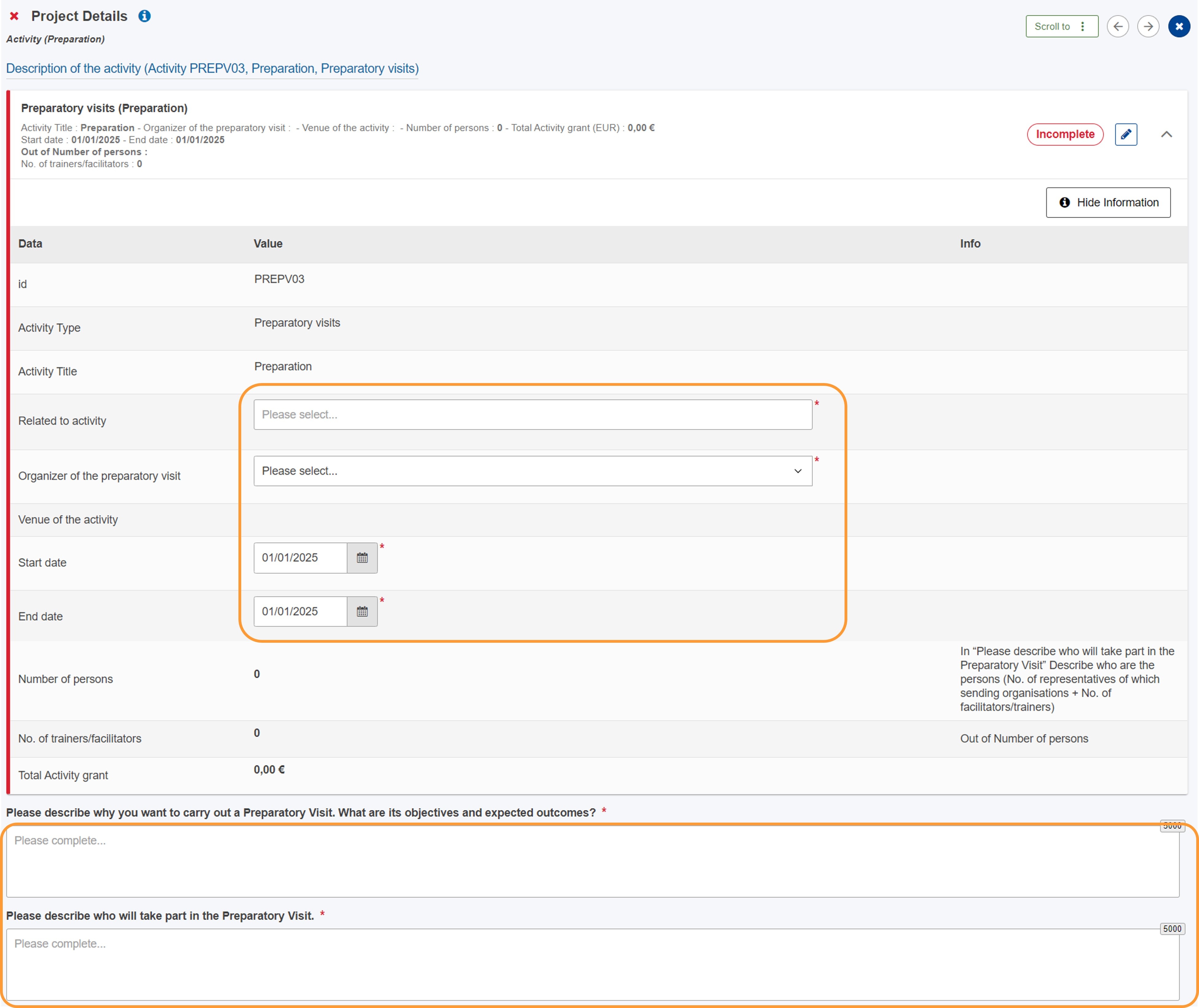 Access flows summary for preparatory visits