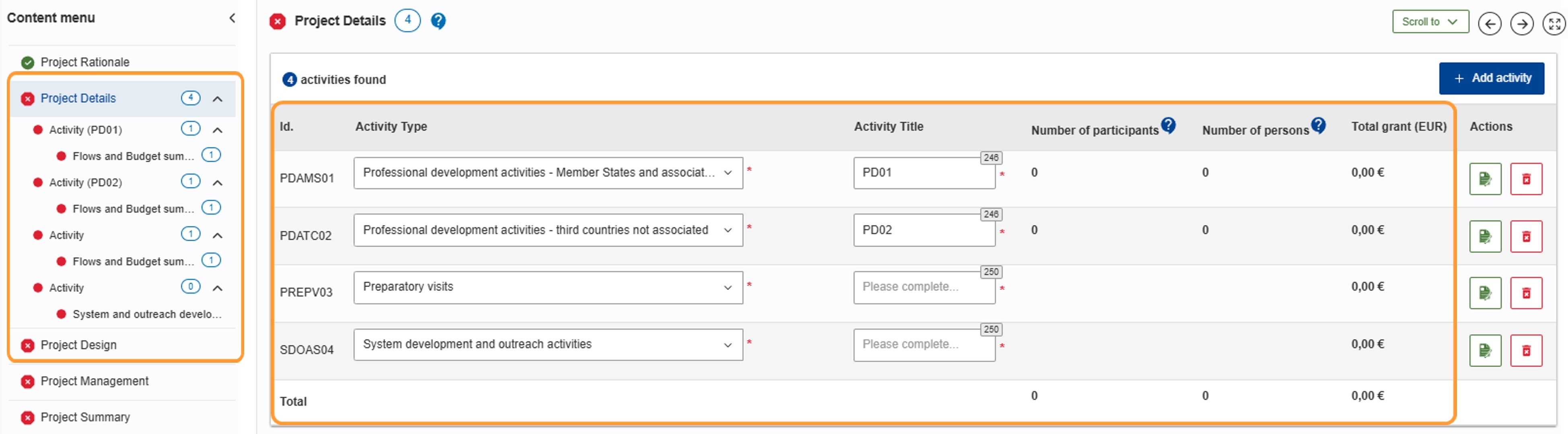 Activities and subsections in Content menu