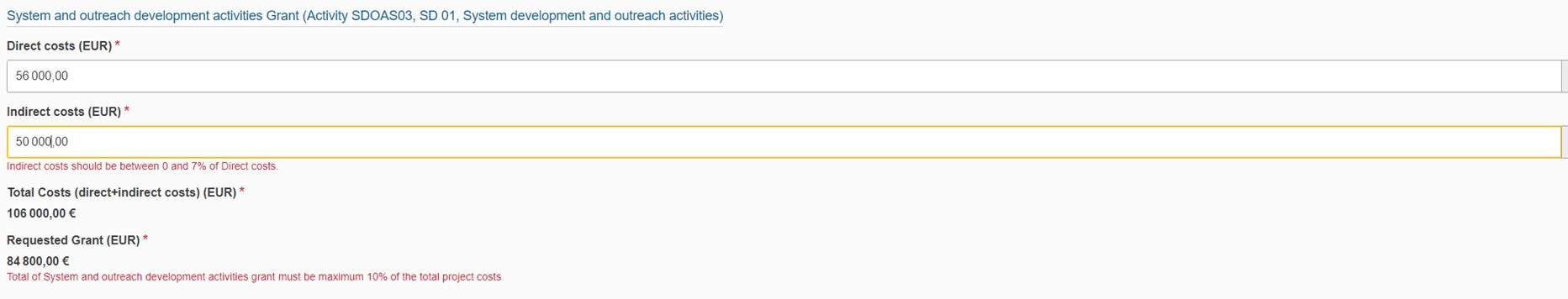 Error messages for invalid costs