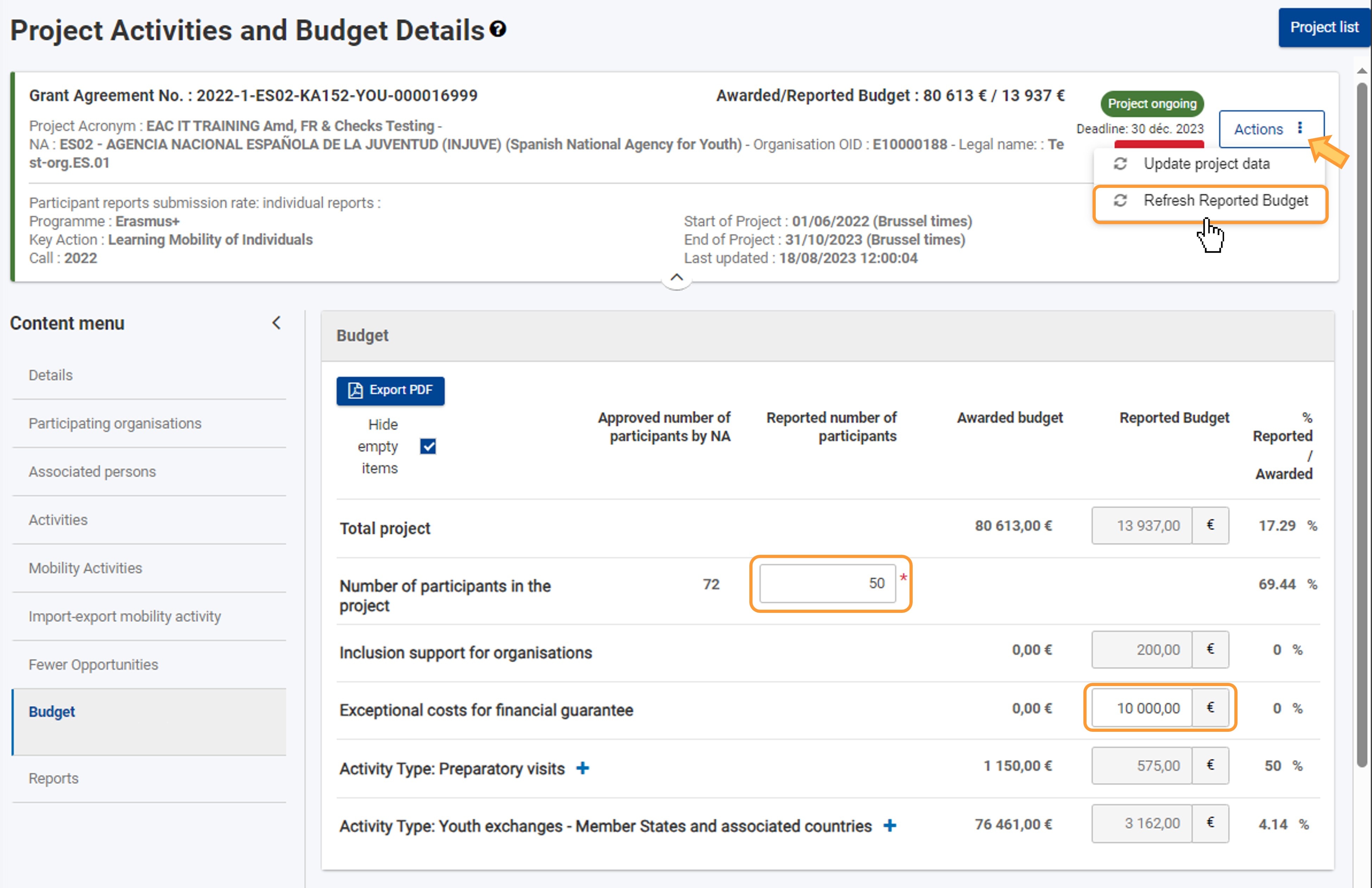 Certain editable fields may be available in the project budget
